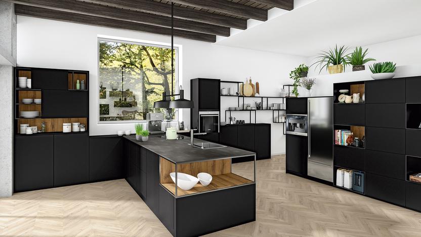 Moderne Küche in Schwarz und Insellösung