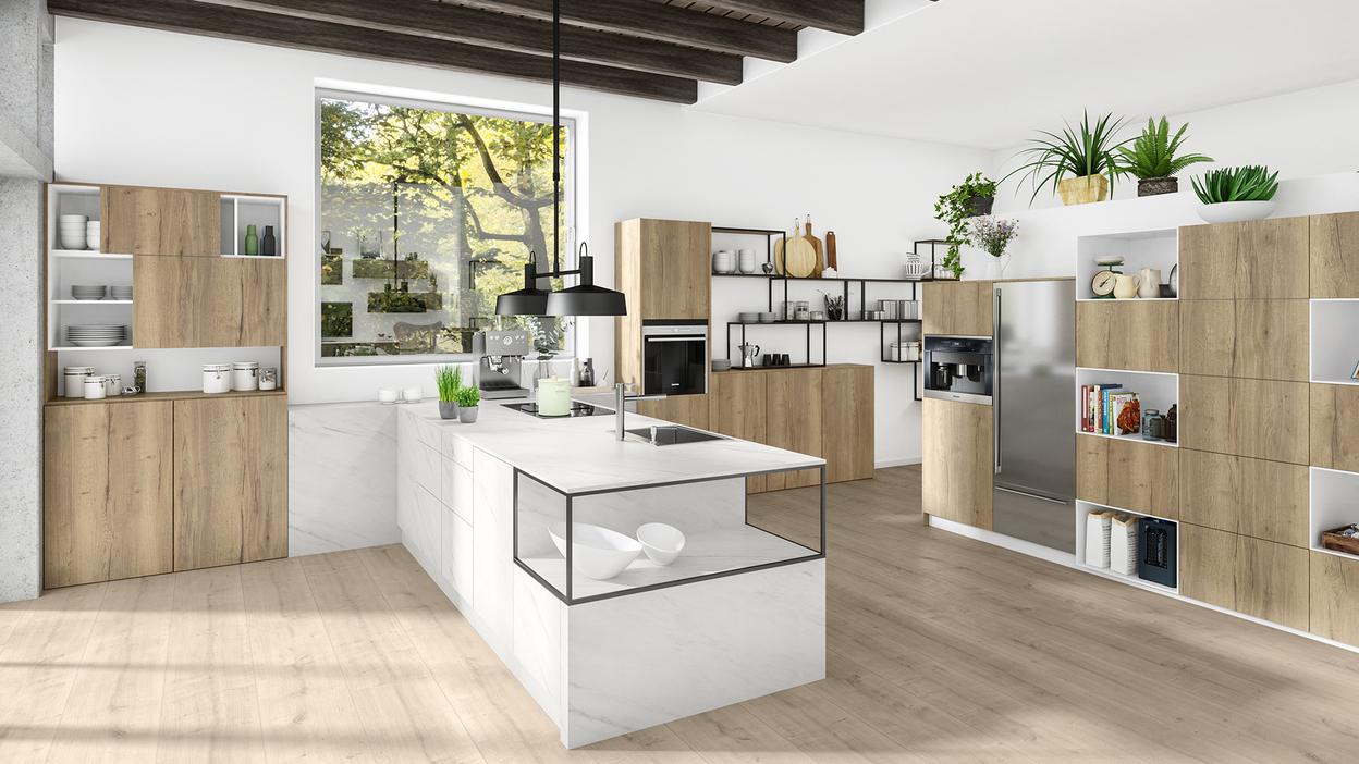 Planungsbeispiel einer offenen und hellen Küche mit Holzoberflächen